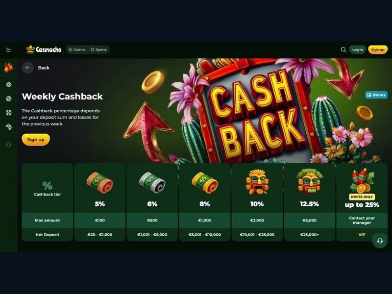 Wöchentlicher Cashback und Rakeback bei Casinacho Casino Nacho Casino für Katalog-Spieler